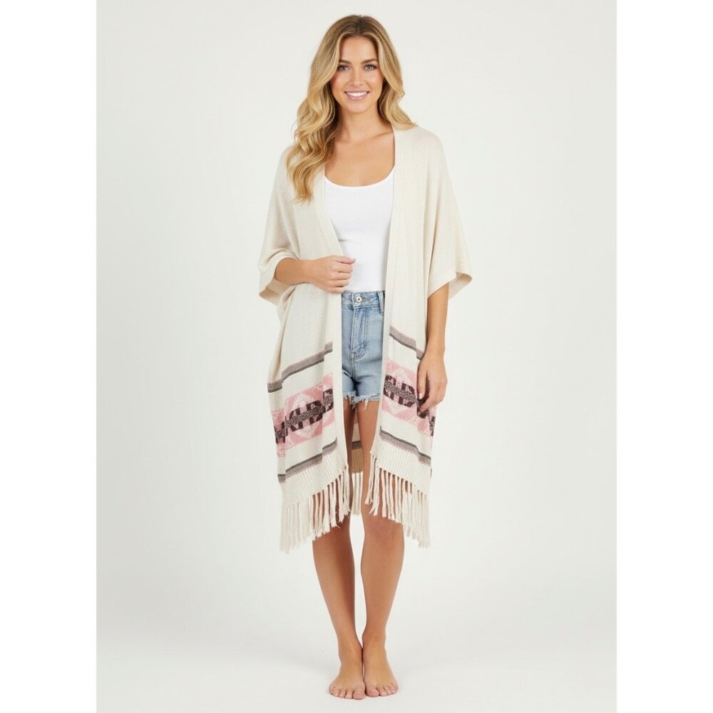 Fringe Hem Knit Duster Kimono Style Open Front Cardigan | Boho Coastal Cowgirl S